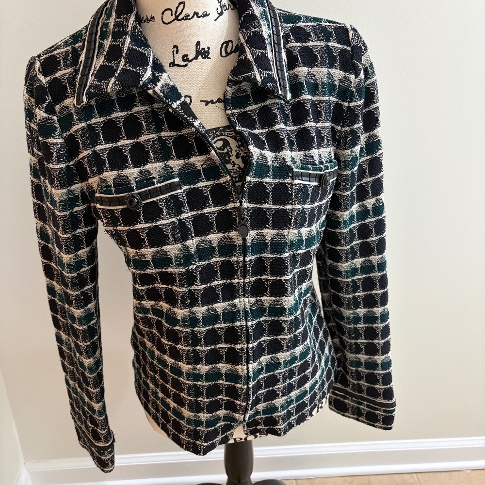 St. John jacket size 8. Blue/green knit with leather trim